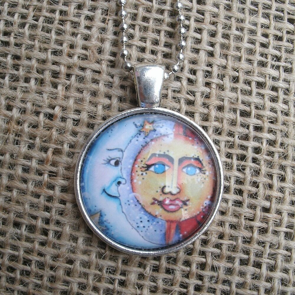 Sun & Moon Face Glass Cabochon Pendant Necklace